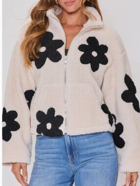 Vici Cream Faux Shearling Zip Jacket with Black Floral Appliqués